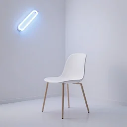 a chair in a white room with neon light, photo realistic