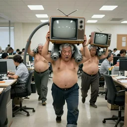 In an call centre office, A group of obese old humans carry old televisions on their shoulders ,flexible industrial pipes join his ears and mouth to the television, they struggle to lift themselves from the fibres trial that attaches them to the floor , full colour ,4k