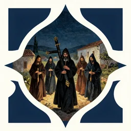 A Holy Week procession of four souls in a Spanish landscape at night. A figure at the front holds a cross. By Carl Gustav Carus, Edward Hopper. Symetrical, logo, geometric shapes.