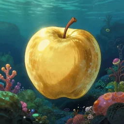 a golden apple shine from deep underwater, in a colorful natural landscape, from myazaki, detailed,