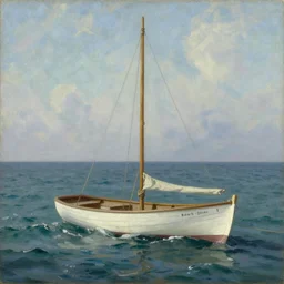 A boat at sea, extremely detailed masterpiece, oil on canvas, Roger Deakin’s cinematography, by Edward Hopper and Norman Rockwell,