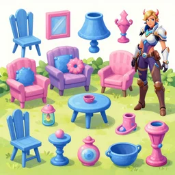 game asset of the sims garden furniture and decoration, in gouache detailed paintings, props, stylized, 2 d sprites, kitbash, arcane, overwatch, blue and pink color scheme, 8 k, close up