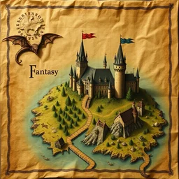 ancient map of fantasy land with a castle and dragons