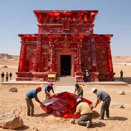colorful photograph of archaeologists uncovering a giant temple made of bright red ruby glass in the desert, national geographic award winning