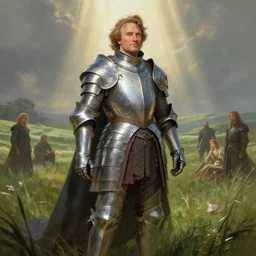 robin williams dressed as galad from the wheel of time, epic fantasy, intricate, elegant, highly detailed, digital painting, artstation, matte, sharp focus, illustration, shining plate armor, god rays, rolling grassy field in the background, art by john collier and albert aublet and krenz cushart and artem demura and alphonse mucha