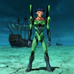 turquoise moonlight, a green pirate stands beside his wrecked fifteenth century carrack at the bottom of a dried - up lake in a turquoise desert beneath a starless night sky, evangelion, kyoto animation still, intricately detailed features, digital painting, yoshiyuki sadamoto