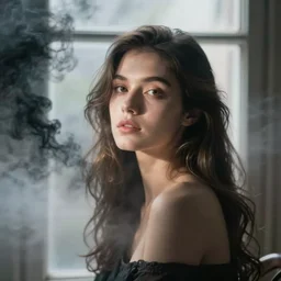 out of foucus, very blurry, very foggy, woman at the window by sarah moon, black smoke