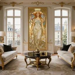 Living room with daenerys, Alphonse Mucha, art nouveau, luxury, artstation, center focus on table, hyper realistic, 8K, warm lighting, white gold black, antique, large windows to french town