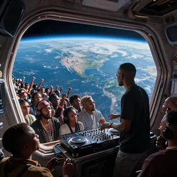 an African DJ entertaining a crowd on a spaceship, planet earth seen outside spaceship window, wide angle, magazine collage,