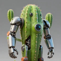 Close-up shot.3d hard surface design, octane rendered, robotic bionic Technical, robotic Cactus design, hardops, Bionic Arms and eyes, artstation trending, wow, 8k, in style of Moebius, Android Jones