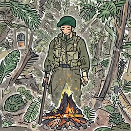 Green Beret in the jungle at a campfire