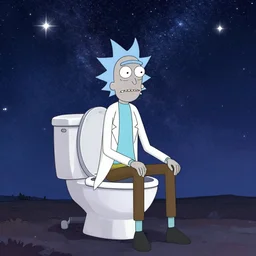 rick and morty sitting on toilet, sky full of stars and milkyway is viewable, mystical, art