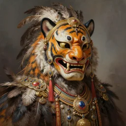masterful fantastic realist painting an exotic ancient feathered and bejeweled beast wearing an exquisite bugaku mask of a tiger, digital painting trending on artstation, volumetric lighting and mist, portrait painting, hyperrealistic, octane render