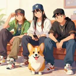 beautiful anime painting of hiphop solarpunk crew chill with corgi, by, craig mullins, craig davison. trending on artstation, 8 k, masterpiece, graffiti paint, fine detail, full of color, intricate detail, golden ratio illustration