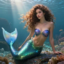 beautiful mermaid with curly hair, dreamscape, magical details, magical atmosphere, cinematic lighting, hyper - detailed, cgsociety, 3 - d 8 k, high resolution, in the style of charlie bowater, tom bagshaw, alexis franklin, elena masci, pawel rebisz