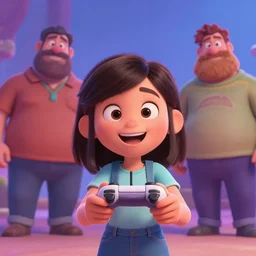 pixar cartoon character of a tomboy girl being happy with her game controller. style by petros afshar, christopher balaskas, goro fujita, and rolf armstrong.