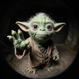 Yoda waving towards the camera, photograph, fisheye lens