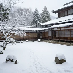 photograph of snowy Japanese courtyard