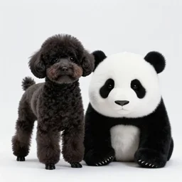 a photo of a black poodle dog and a panda together,