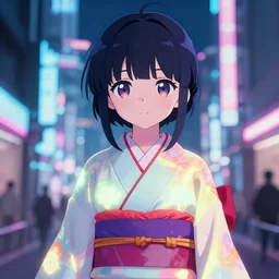 kawaii anime girl naro rinri wearing a glowing colorful kimono, cyberpunk, neo tokyo anime girl