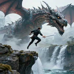 man with sword jump of the cliff in front of the waterfall, a close shot from huge dragon, realistic shot, sci - fi, superhero, 8 k, unreal