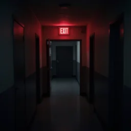 pitch black school hallway with bright red exit sign at the end, horror scary creepy unnerving