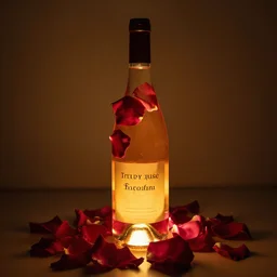 beautiful wine bottle warmly lit covered artistically in scattered rose petals