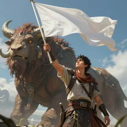 an intricate concept art, fantasy, man raising a white flag, megafauna, low - angle, close up shot, ultra photorealistic, ultra sharp, artstation, cgsociety, masterpiece, anime colors, by ivan talavera, by wlop, octane render, 8 k