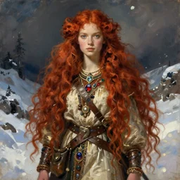 portrait of ireland norway long red hair model girl jodhpurs hyperborea winter traveler treasure hunter greg manchess painting by sargent and leyendecker, fantasy, medium shot, asymmetrical, intricate, elegant, matte painting, illustration, hearthstone, by rhads, by greg rutkowski, by greg tocchini, by james gilleard, by joe fenton