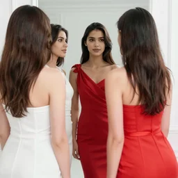 3 sisters look into the mirror, beautiful and free, white and red dresses, wealthy women, fashion, Chuck close
