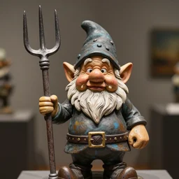photo taken of an epic intricate, ultra detailed, super realistic sculpture of gnome holding a pitchfork, sculpture on display, created by weta workshop, photorealistic, sharp focus, f 0. 4, face centred, golden ratio
