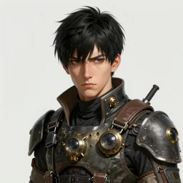 portrait of a man by ayami kojima, black, french, he is about 2 0 years old, short black hair, annoyed older brother vibes, he is wearing a steampunk tactical gear, highly detailed portrait, digital painting, artstation, concept art, smooth, sharp foccus ilustration, artstation hq