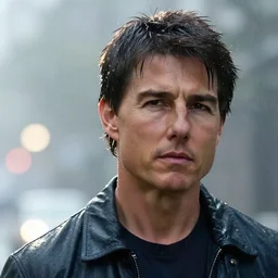 portrait of tom cruise in the rain, high detail, backlit, frown, wet skin, close headshot, fog, bokeh, streetlights