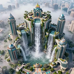 futuristic waterfall city, sunny, foggy, intricate, elegant, highly detailed, aerial perspective view, vivid colors, john park, frazetta, sparth, ruan jia, jeffrey catherine jones