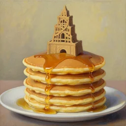 stack of buttermilk pancakes with syrup in the shape of the tower of babel by thomas kinkade, oil on canvas