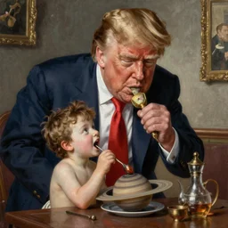a painting of a gigantic Donald Trump eating a boy like Saturn Devouring His Son, 2d, ultra highly detailed, rococo painting, smooth, sharp focus, artstation, pixiv, art by Francisco Goya