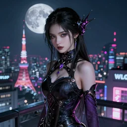 portrait futuristic sinful cyberpunk young female necromancer, in futuristic moonlighting tokyo rooftop cyberpunk night, ssci-fi, fantasy, intricate, very very beautiful, elegant, neon light, highly detailed, digital painting, artstation, concept art, soft light, hdri, smooth, sharp focus, illustration, art by tian zi and craig mullins and WLOP and alphonse mucha