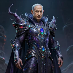 benjamin netanyahu as an otherworldly iridescent alien overlord, embedded with gemstones, flowing with dark power, highly detailed, trending on artstation, by wayne barlowe, and tim hildebrandt and bruce pennington and jeff easley