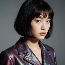 ektachrome, 3 5 mm, highly detailed : incredibly realistic, youthful asian demure, perfect features, feminine cut, beautiful three point perspective extreme closeup 3 / 4 portrait photo in chiaroscuro style 1 9 7 0 s frontiers in flight iridescent leather suit cosplay fashion, nick night