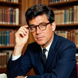 A colorful studio portrait of JFK wearing glasses as a librarian; f/1.4, 90mm, extraodinary masterpiece!!!!!!