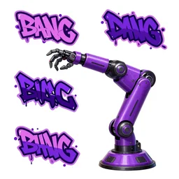 A female robotic arm sci-fi prop reference sheet, bright purple and black, graffiti lettering, trending on artstation