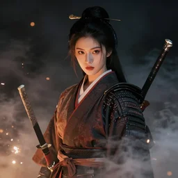 beatiful female samurai in front of sparks and smoke in the style of Raymond Swanland, cinematic, artstation