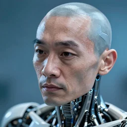 high quality close-up photo very expressive biomechanic chinese man highly detailed eric zener elson peter cinematic blue lighting high angle hd 8k sharp shallow depth of field