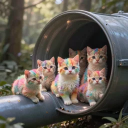 several adorable rainbow kittens stuck in a drain pipe