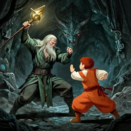 gandalf fighting the balrog from lord of the rings in a mine underground in avatar : the last airbender, designed by bryan konietzko