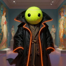 a tennis ball monster starring into the camera, fixed eyes, flowing black coat with glowing neon orange trim, inside a museum, colorful, surreal, dramatic lighting, face, detailed, intricate, elegant, highly detailed, digital painting, artstation, concept art, smooth, sharp focus, illustration, art by sam spratt, dan mumford, artem demura and alphonse mucha