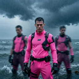 cinestill hasselblad candid award winning press portrait by robert capas of aggressive cyberpunks wearing rugged neon pink mesh techwear in treacherous waters, thunderstorm, wideangle, extreme motion blur, modern cyberpunk moody depressing cinematic, pouring rain, 8 k, hd, high resolution, 3 5 mm, f / 3 2, ultra realistic faces, ex machina
