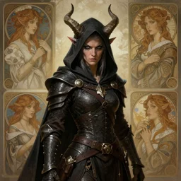 masterpiece portrait of a clothed surly and resentful female tiefling thief with two horns wearing hooded thief's armor and clothing, by Greg Rutkowski and John Collier and Krenz Cushart and Artem Demura and Alphonse Mucha and Albert Aublet, as seen on ArtStation, 4k, dungeons and dragons, very aesthetic, very detailed, intricate, unreal, fantasy, dramatic, painterly, artstation, sharp focus, smooth
