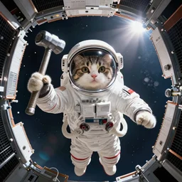 astronaut cat with a hammer in the international space station, fish - eye