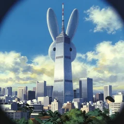 Tokyo skyline with a massive sky scrapper in the shape of a rabbit, anime film still from the an anime directed by Katsuhiro Otomo with art direction by Salvador Dalí, wide lens